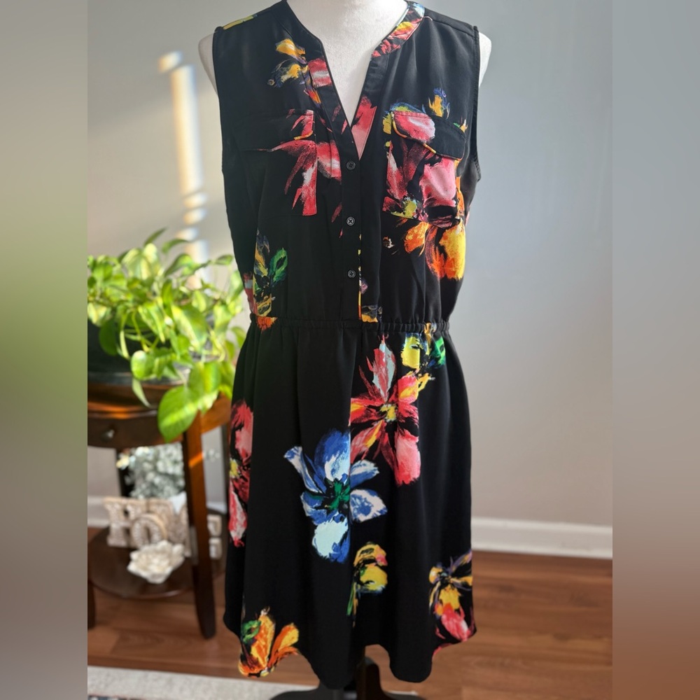 Massimo Black Floral Dress,  V-Neck, Sleeveless